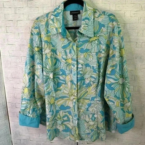 Lane Bryant floral button-down blouse blue green yello coastal grandma plus size - Picture 1 of 8
